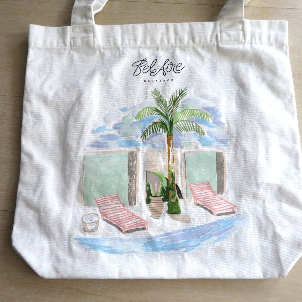 Bel-Aire Backyard Canvas Tote Bag Tropical Print Durable Cotton White Background